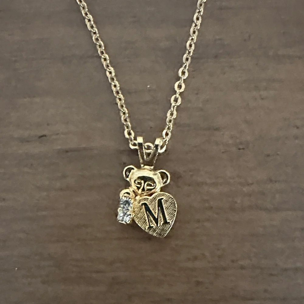 Gold Tone Teddy Bear & Heart With M, CZ Diamonds Pendant Necklace